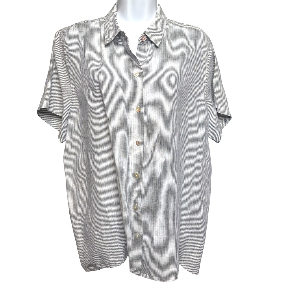 J. JILL Womens Blue Striped Floral Back Linen Shirt L Boho Cottagecore Lagenlook